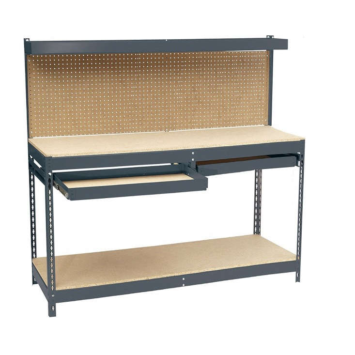 The Edsal Heavy Duty Steel Workbench doubles as a counter and storage. It features a particle board work surface and lower storage shelf, plus two steel drawers and a pegboard; $203.54 at Amazon.