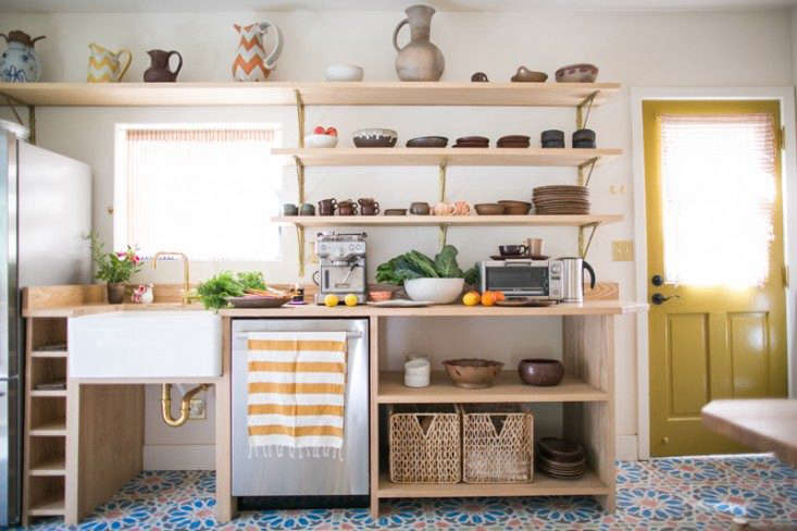  An ad-hoc modular workspace with custom-built ash shelving that takes advantage of every inch of storage space in this Kitchen of the Week: An Echo Park Kitchen Revived, Budget Edition. Photograph by Nancy Neil.