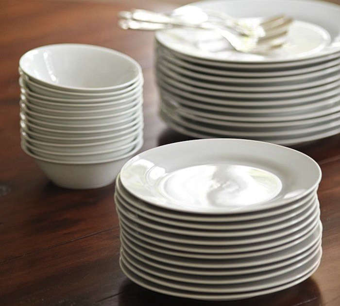 The Caterer’s 12-Piece Dinner Plate Set includes a dozen dinner plates; $59 for a boxed set of 12 plates from Pottery Barn. A Caterer’s Set of 12 Salad Plates and Caterer’s Set of 12 Bowls are also available for $49 each.