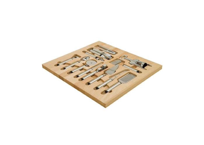 Häfele’s wood drawer organizers come outfitted with corresponding tools. Sets range from the small “Art of Cooking” set, to the large, “Master Chef Collection” shown here. Contact Häfele’s US outpost for pricing and ordering information.