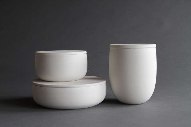 Portland, Oregon, studio potter Lillith Rockett makes these wheel-thrown Flat-Lidded Ceramic Containers of translucent porcelain with glazed interiors and unglazed, polished exteriors. For counter display and table use, an Extra-Small Container is $120.