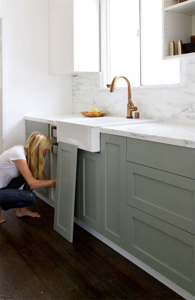 Painting kitchen cabinets, painted kitchen cabinets, paint kitchen cabinets. Sarah Sherman Samuel’s Ikea upgrade kitchen with Semihandmade painted kitchen cabinets