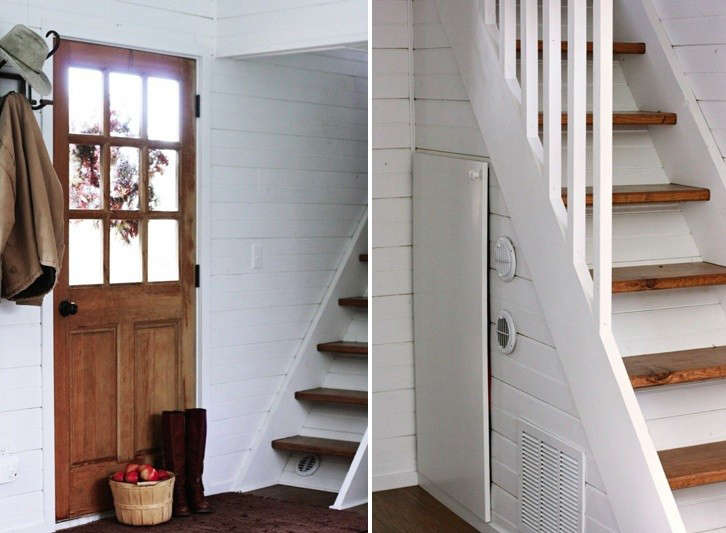 Above L and R: In the entry, a bentwood coatrack holds Carmella’s purse (where she always keeps her keys in the outside pocket) and her husband’s hats. The other hooks stand ready for guests; the family’s own coats and shoes are stored in parents’ and kids’ closets, each of which have custom metal boot trays that “fit the closets perfectly and keep mud and snow contained.” The stair leads to the boys’ bunk.