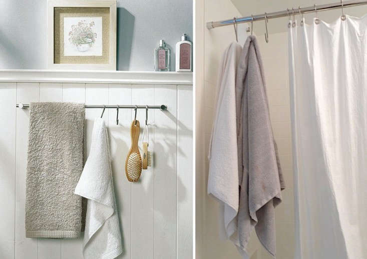 Above L: S hooks lend a towel bar new hanging possibilities. Above R: With the help of S hooks, Sally Schneider of An Improvised Life turns the dead space at the end of her shower bar into extra towel storage.