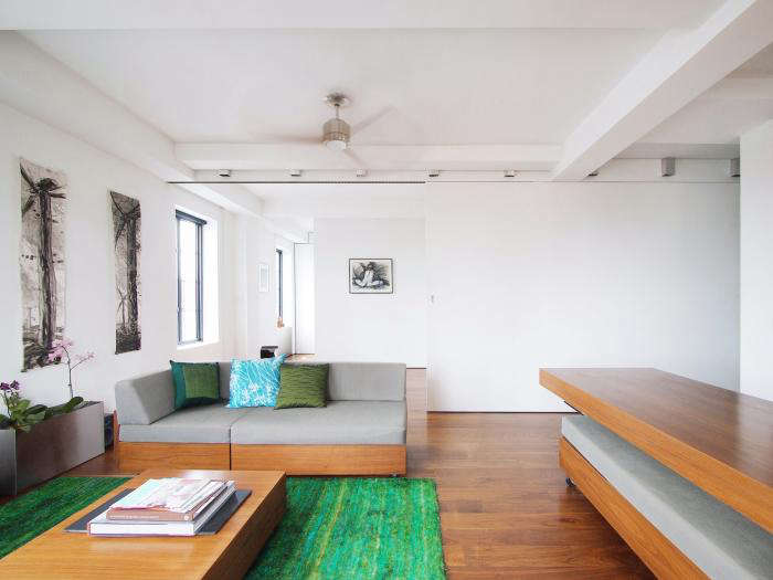 Once the sliding wall is pulled back, the bookshelf is hidden and the one-bedroom apartment becomes an open studio space.