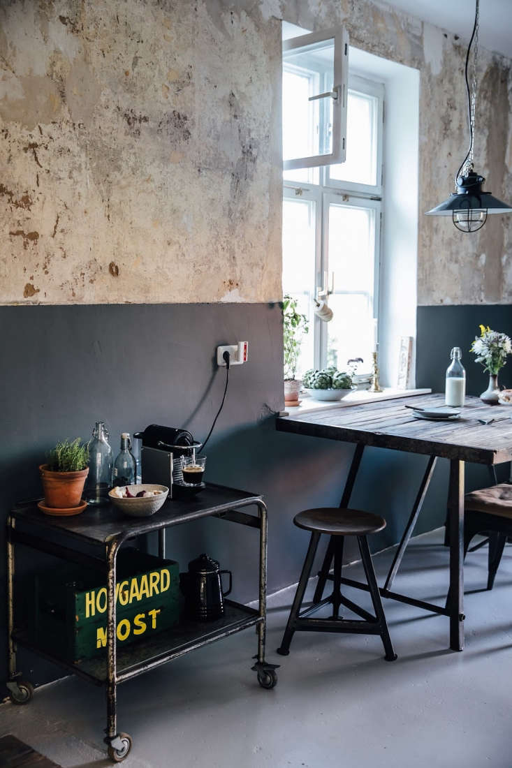 A vintage cart serves as the coffee station. Photograph by Laura Muthesius, courtesy of Our Food Stories, from Kitchen of the Week: A DIY Ikea Country Kitchen for Two Berlin Creatives.