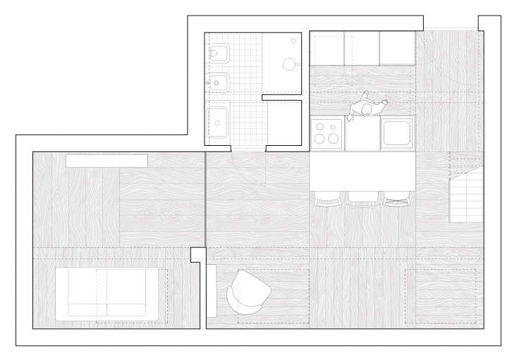 The top-floor condominium is 46 square meters (almost 500 square feet) in all.