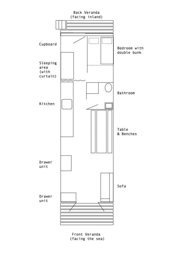 Floor plan of Marcia Mihotich and Durrell Bishop's tiny beach house, Seasalter, England