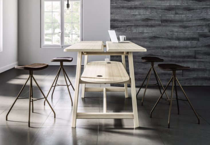 HBF partnered with Oregon’s Studio Gorm to create the Studio Rectangular Standing Height Table, which “accommodates technology without dictating function.” It has a storage shelf for chargers, and either holes through which cords can reach an outlet or an actual power outlet embedded in the table. It’s priced starting at $8,800.