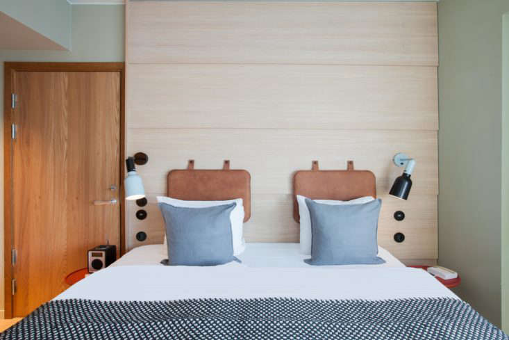 Leather headboard, Hobo Hotel Stockholm designed by Studio Aisslinger. Patricia Parinejad photo.