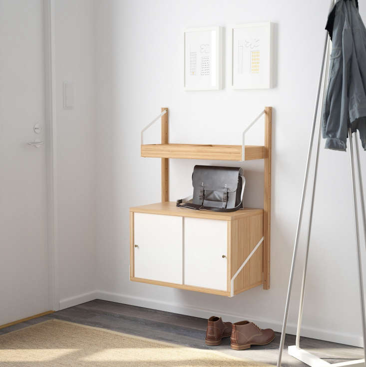 Svalnäs is Ikea’s new modular wall-mounted storage system along the lines of Danish designer Poul Cadovius’s Royal Shelving System released in 1948. (See our High/Low comparison.) Ikea’s is made of bamboo and fiberboard and combinations range in price from $26 (for two Wall Uprights and the smallest Shelf) to $570 for a whole-wall configuration. The Svalnäs combination shown here is $105.