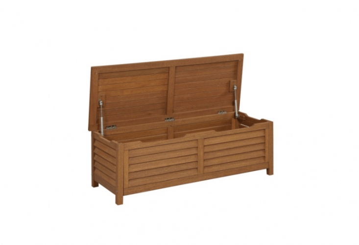 From Home Depot, a Montego Bay Patio Deck Box measuring 51.25 by 19.75 inches is 17.75 inches high; made of plantation-grown shorea wood, it is $203.54 from Home Depot.