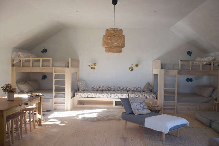 Bunkhouse with built-in poplar bunks and lounge bed designed by Jersey Ice Cream Co. in Rockport, Maine. Sal Taylor Kydd photo.