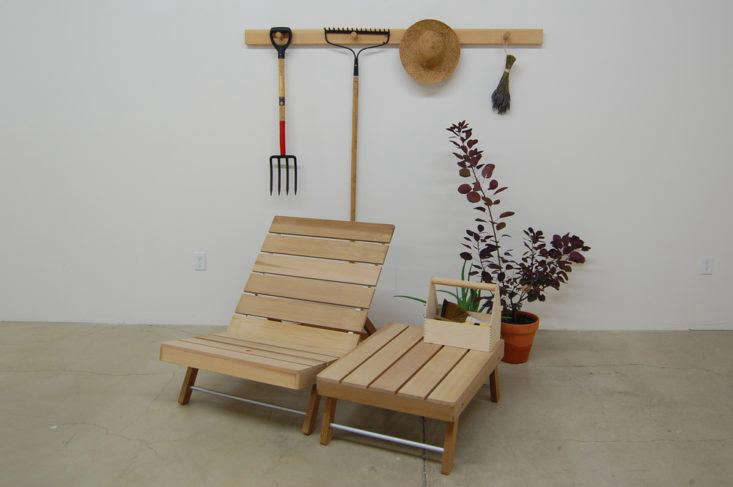 Studio Gorm used red cedar slats to build a simple, two-piece outdoor lounge chair, which can be easily disassembled to hang flat next to tools in a shed.