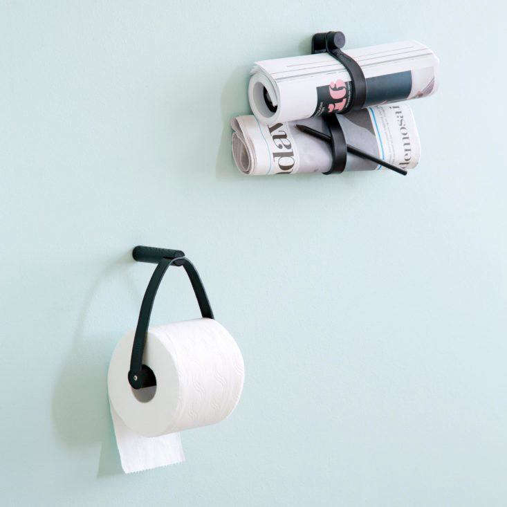 Leather and wood toilet roll holder and leather double loops (for magazines and more) from By Wirth of Denmark.