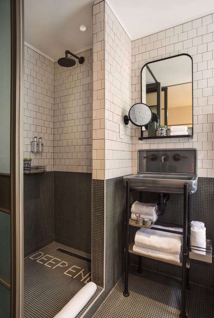 Moxy Hotel NYC, bathroom with in-room sink, Yabu Pushelberg design.