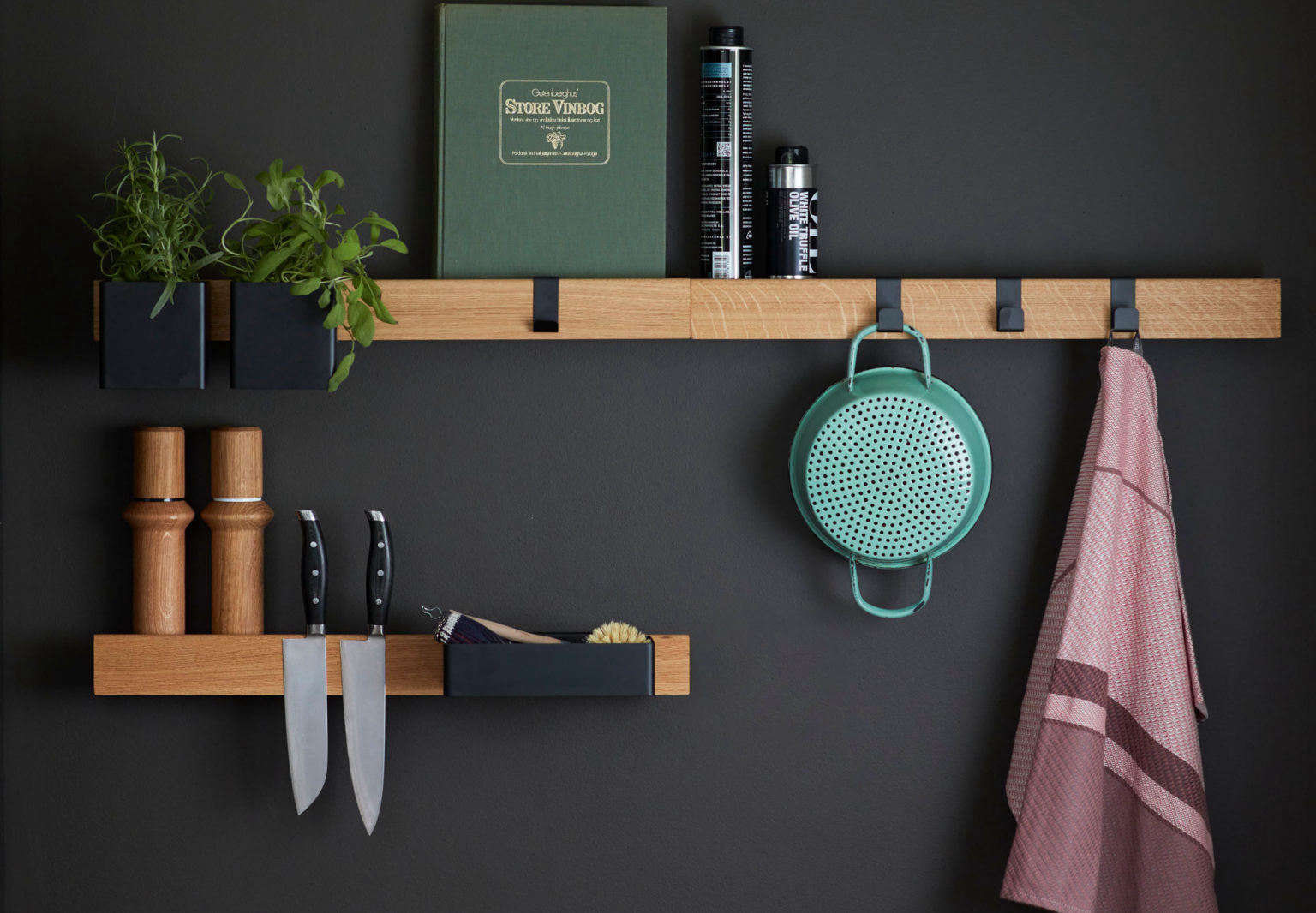 Open shelving: The Gejst Flex ledge storage system in a kitchen.