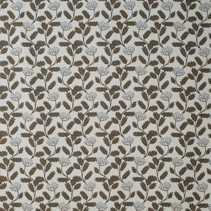 Photo of a fabric sample with a gray background, printed with a repeating green and blue floral pattern.