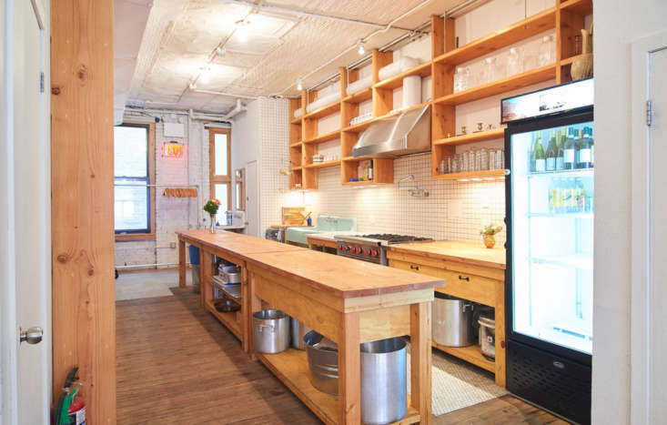 Lee’s, a Downtown New York City event space, allows guests to rent out a fully stocked chef’s kitchen which features long, galley-style wooden islands and a glass-door fridge. Read more on Remodelista in Kitchen of the Week: A Clandestine Private Dining Loft in NYC’s Chinatown. Photograph courtesy of Lee’s.