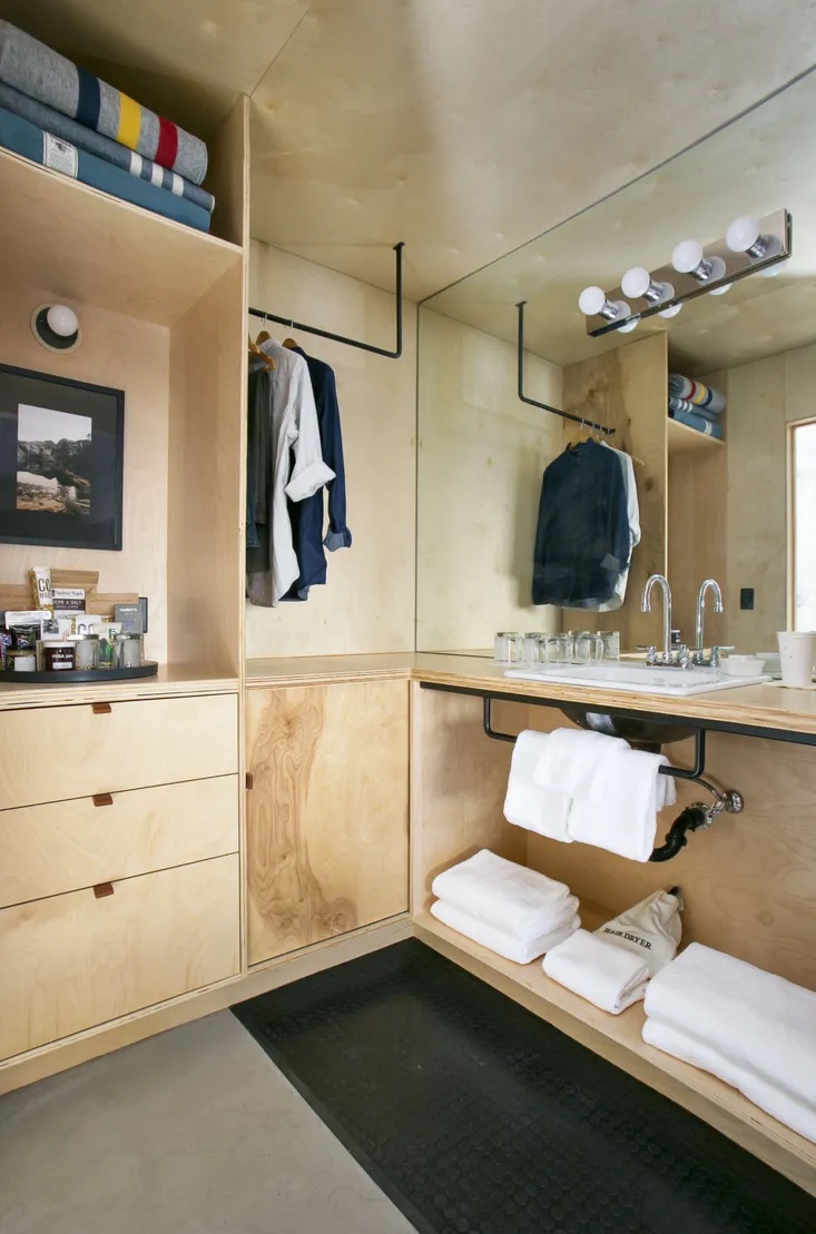 In the South Lake Tahoe bathrooms of the Coachman Hotel, design firm Studio Tack used plywood to construct a smart, unified vanity system. Read more in Bathroom of the Week: An Economical Plywood Bath in Tahoe. Photo by Matthew Bolt, courtesy of the Coachman Hotel.